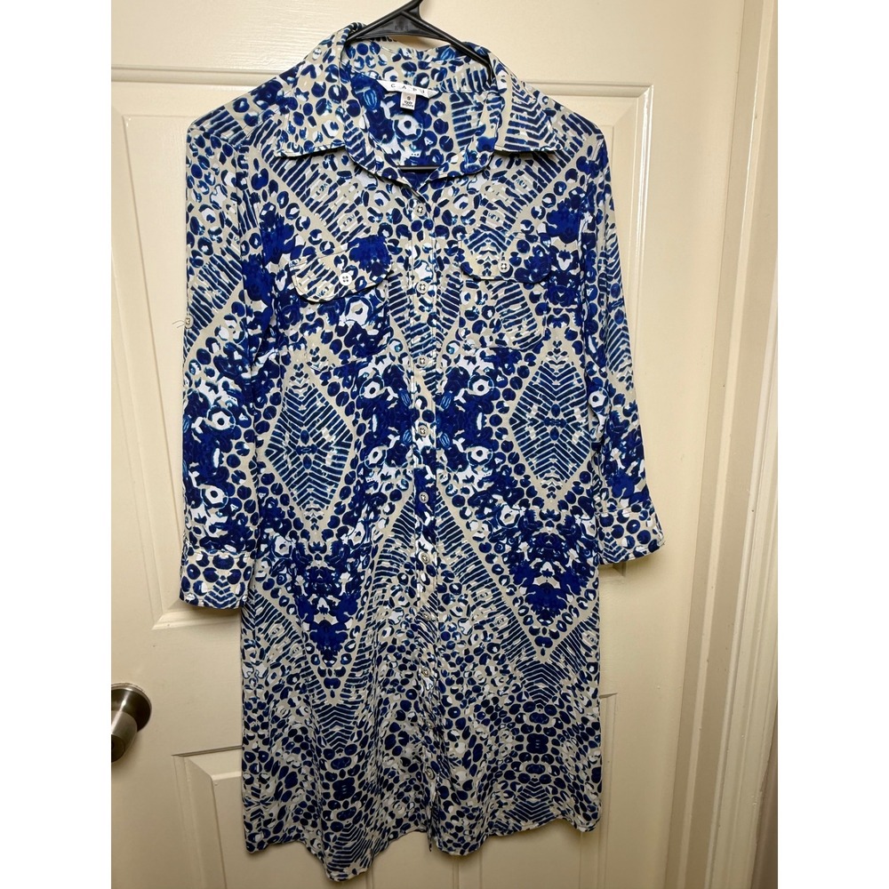 Cabi Blue White Geometric Leopard Print Button Down Shirt Dress
